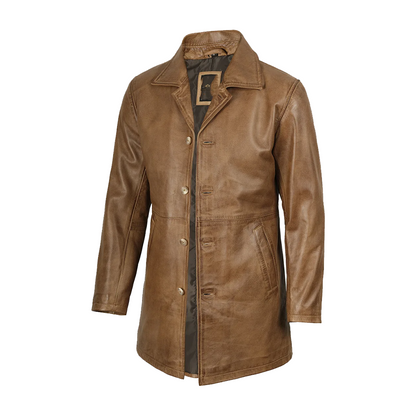 Men’s Camel Brown 3/4 Length Leather Coat