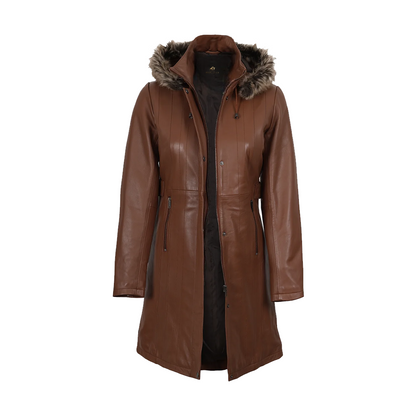 Women’s Brown Real Leather Coat With Removable Hood