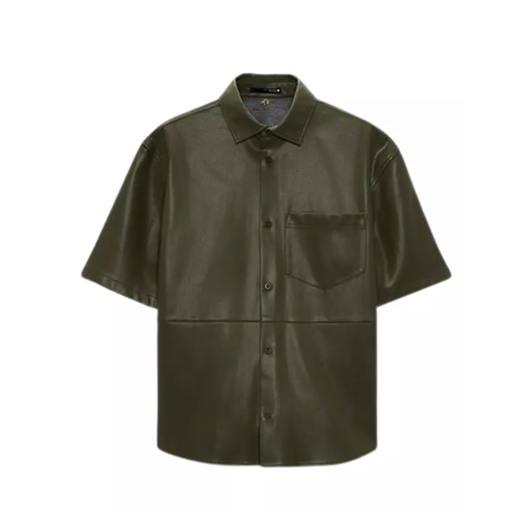 Men’s Dark Green Half Sleeves Leather Shirt