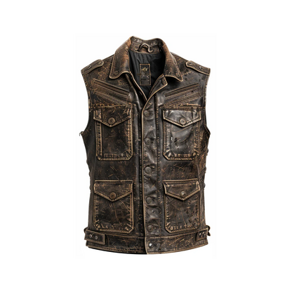 Men Strap Pockets Distressed Brown Leather Vest