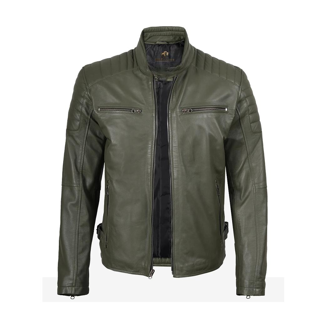 Mens Olive Green Biker Style Leather Jacket
