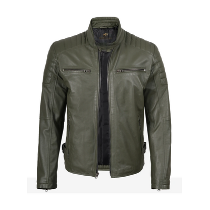 Mens Olive Green Biker Style Leather Jacket