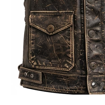 Men Strap Pockets Distressed Brown Leather Vest