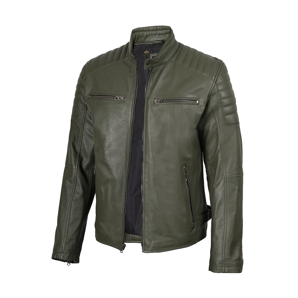 Mens Olive Green Biker Style Leather Jacket