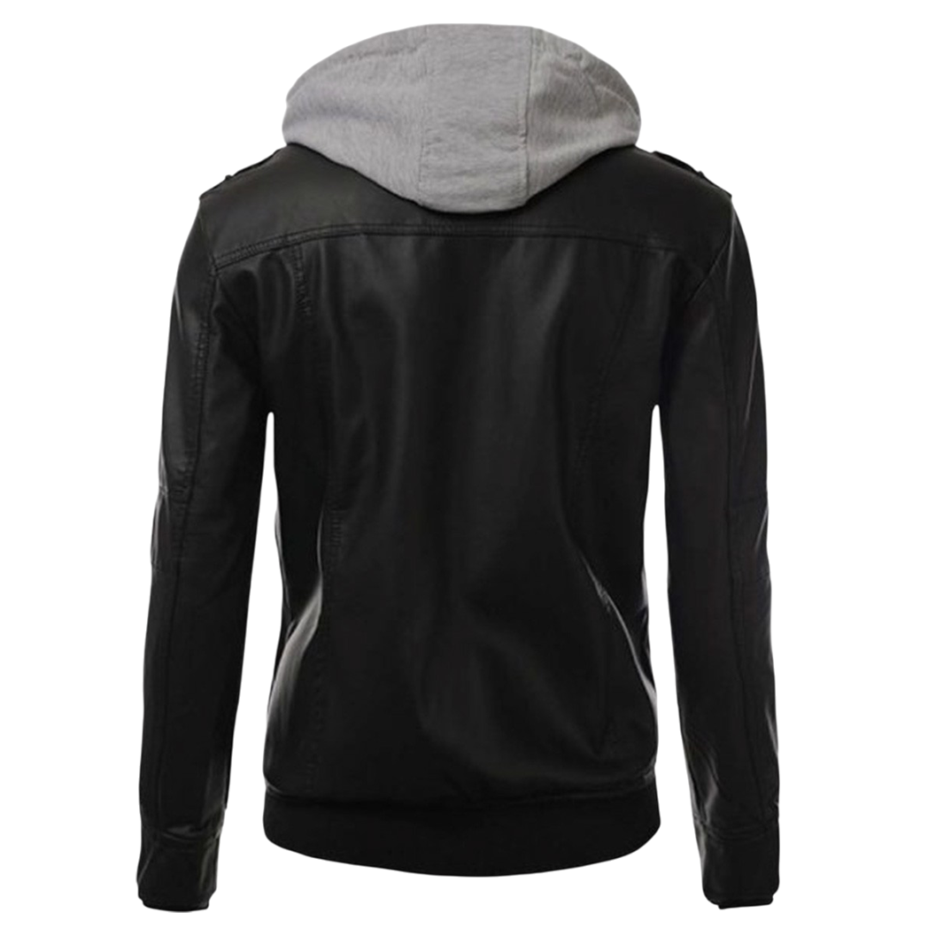 Mens Black Leather Hooded Jacket