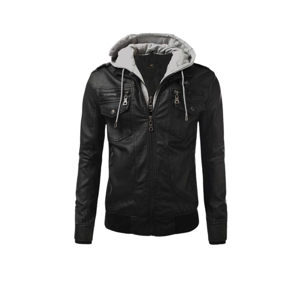 Mens Black Leather Hooded Jacket