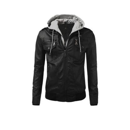 Mens Black Leather Hooded Jacket