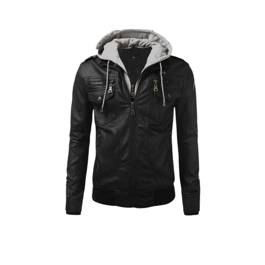Mens Black Leather Hooded Jacket