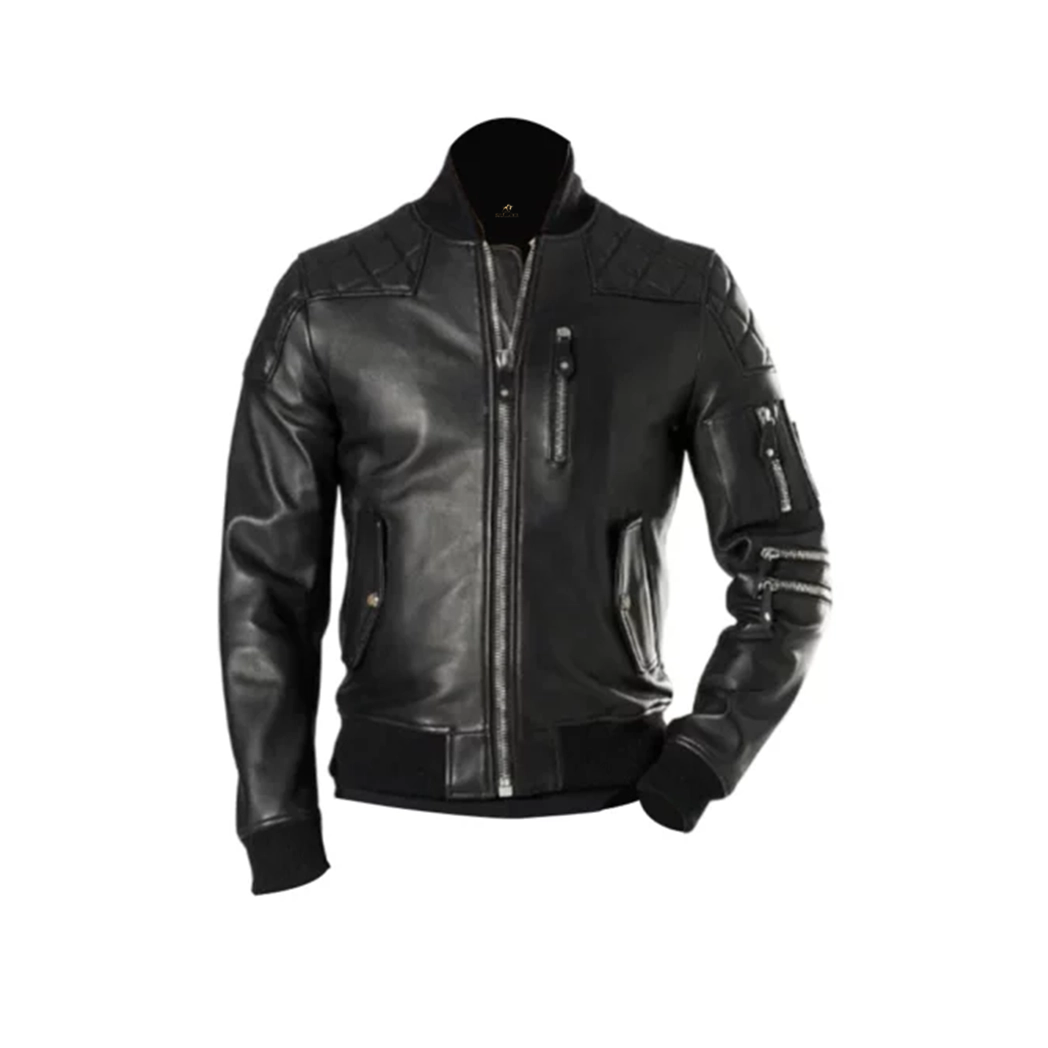 Men Black Leather Bomber Jacket