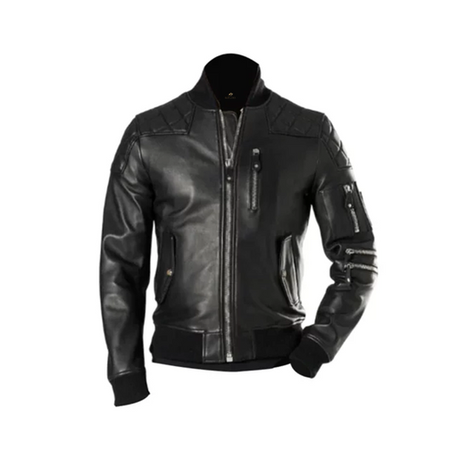 Men Black Leather Bomber Jacket
