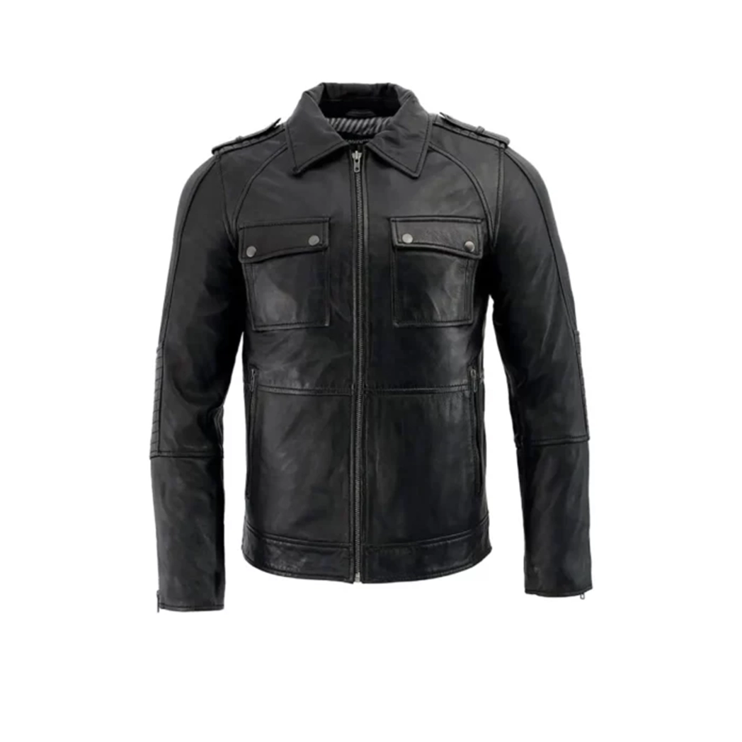 Men’s Anthracite Patch Pocket Lambskin Leather Jacket
