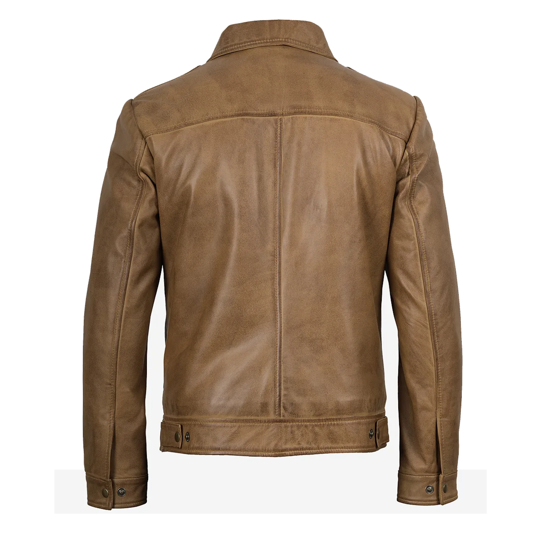 Mens Waxed Shirt Collar Harrington Leather Jacket