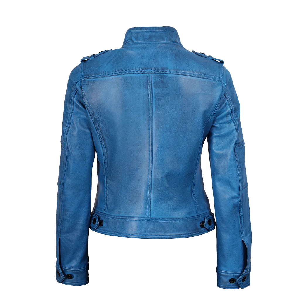 Women’s Blue Waxed Lambskin Leather Biker Jacket