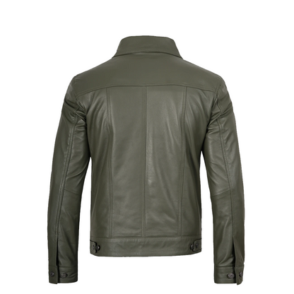 Men’s Four Pockets Olive Green Trucker Leather Jacket
