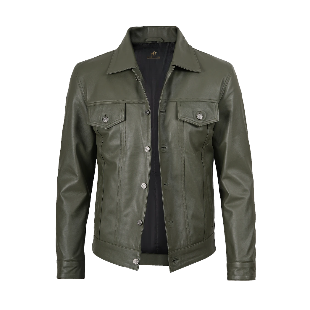 Men’s Four Pockets Olive Green Trucker Leather Jacket
