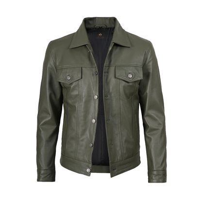 Men’s Four Pockets Olive Green Trucker Leather Jacket