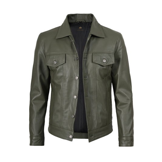 Men’s Four Pockets Olive Green Trucker Leather Jacket