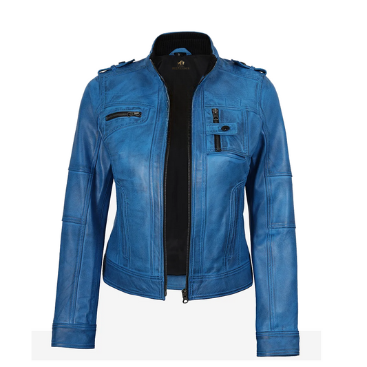Women’s Blue Waxed Lambskin Leather Biker Jacket