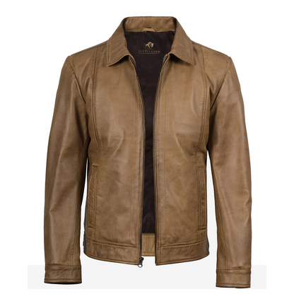 Mens Waxed Shirt Collar Harrington Leather Jacket