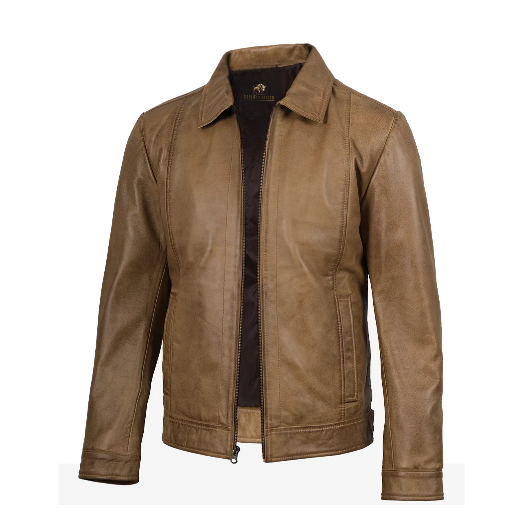 Mens Waxed Shirt Collar Harrington Leather Jacket