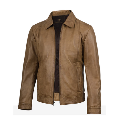Mens Waxed Shirt Collar Harrington Leather Jacket