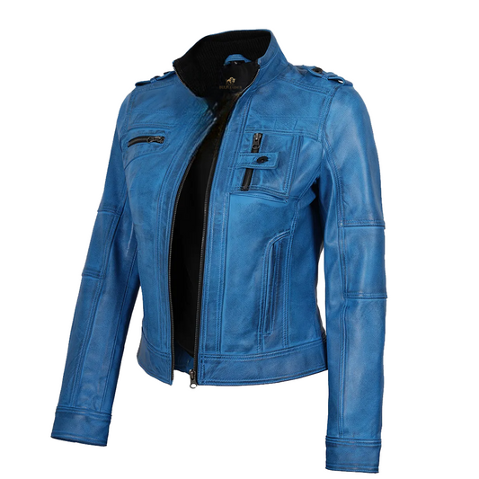 Women’s Blue Waxed Lambskin Leather Biker Jacket
