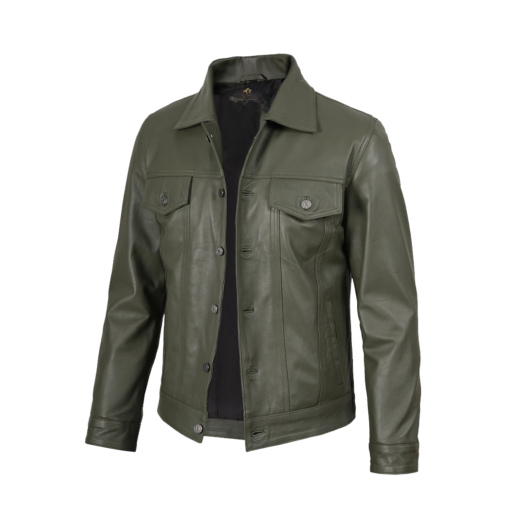 Men’s Four Pockets Olive Green Trucker Leather Jacket