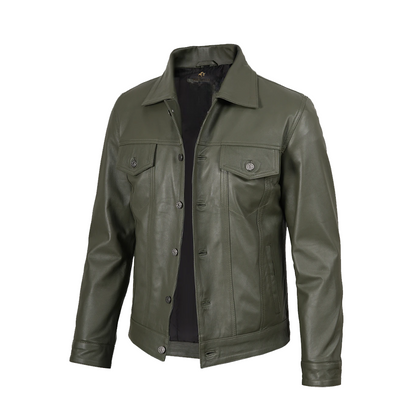 Men’s Four Pockets Olive Green Trucker Leather Jacket