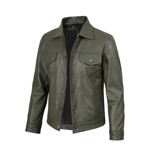 Men’s Four Pockets Olive Green Trucker Leather Jacket