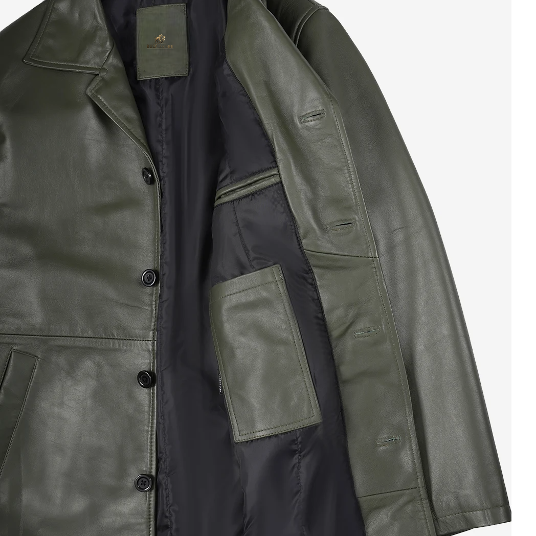 Men’s Olive Green 3/4 Length Leather Car Coat