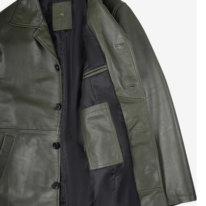 Men’s Olive Green 3/4 Length Leather Car Coat