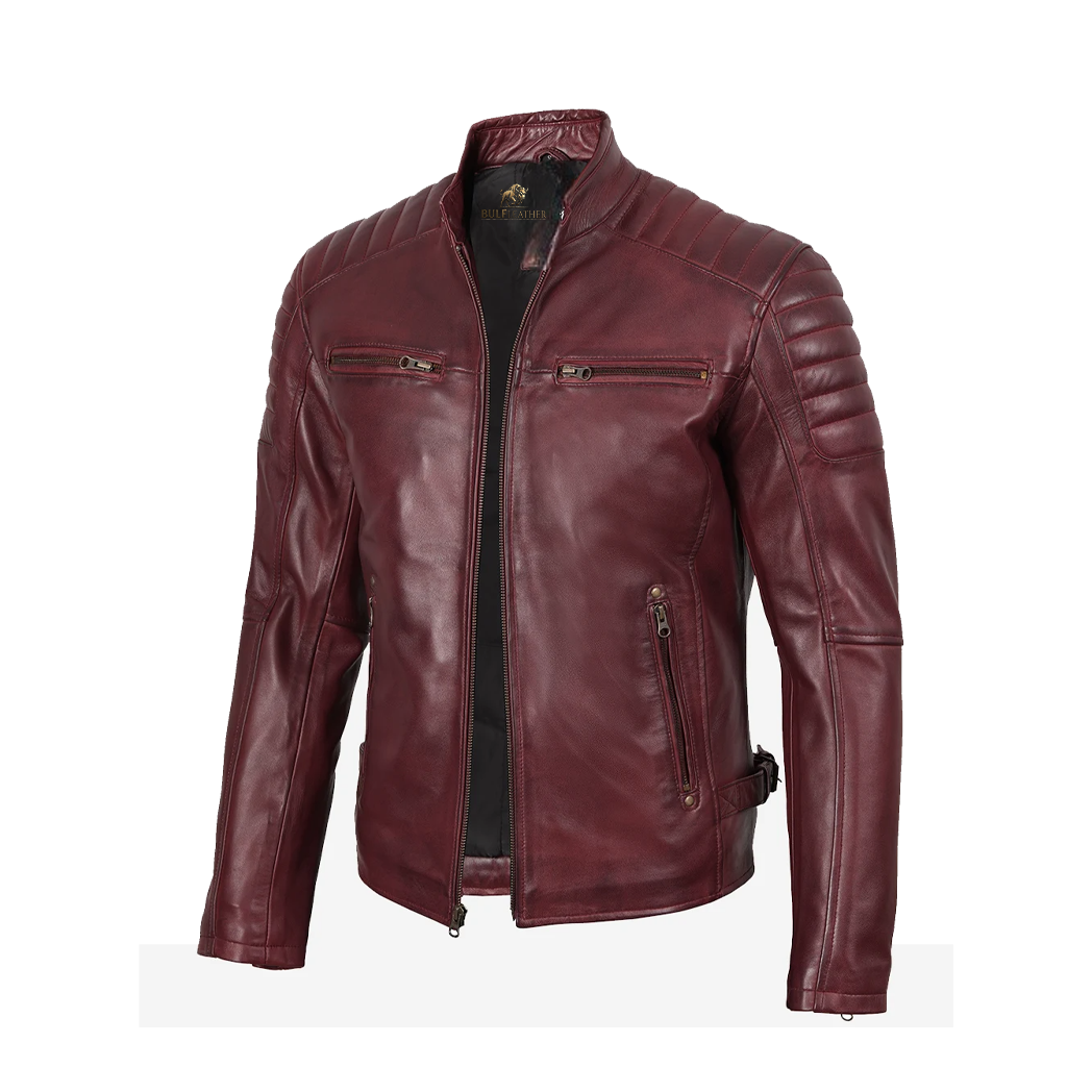 Men’s Burgundy Biker Style Leather Jacket