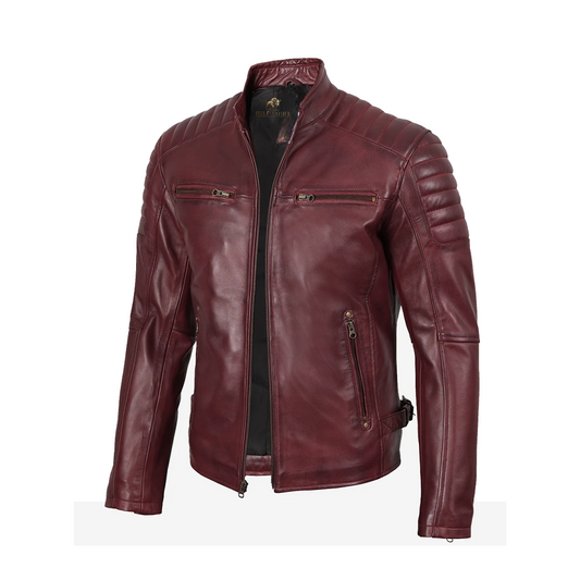 Men’s Burgundy Biker Style Leather Jacket