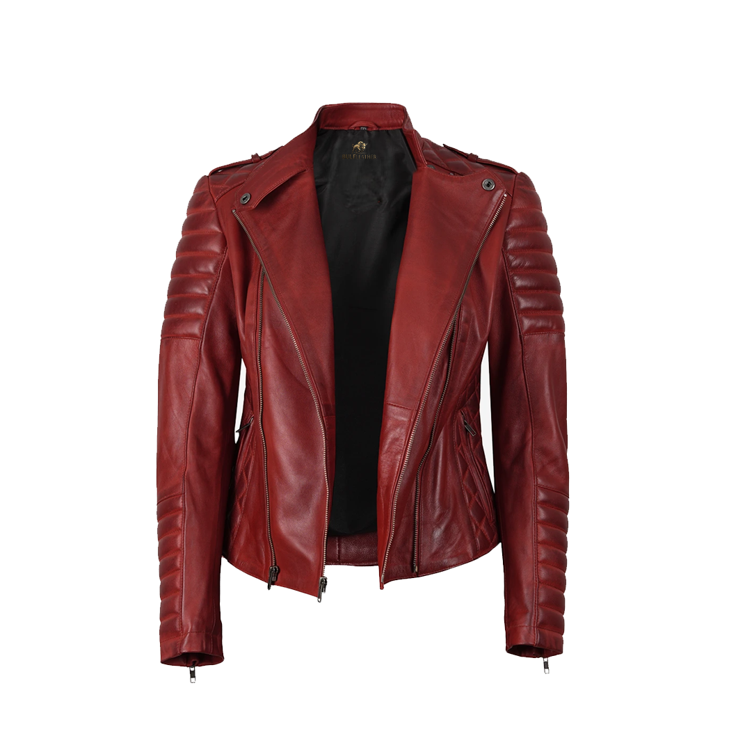 Women’s Red Asymmetrical Padded Leather Biker Style Jacket