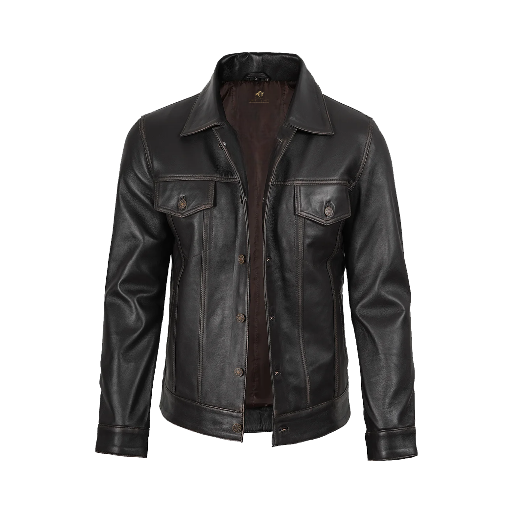 Men’s Distressed Brown Leather Trucker Jacket