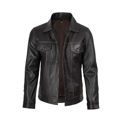 Men’s Distressed Brown Leather Trucker Jacket