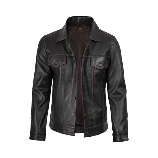 Men’s Distressed Brown Leather Trucker Jacket