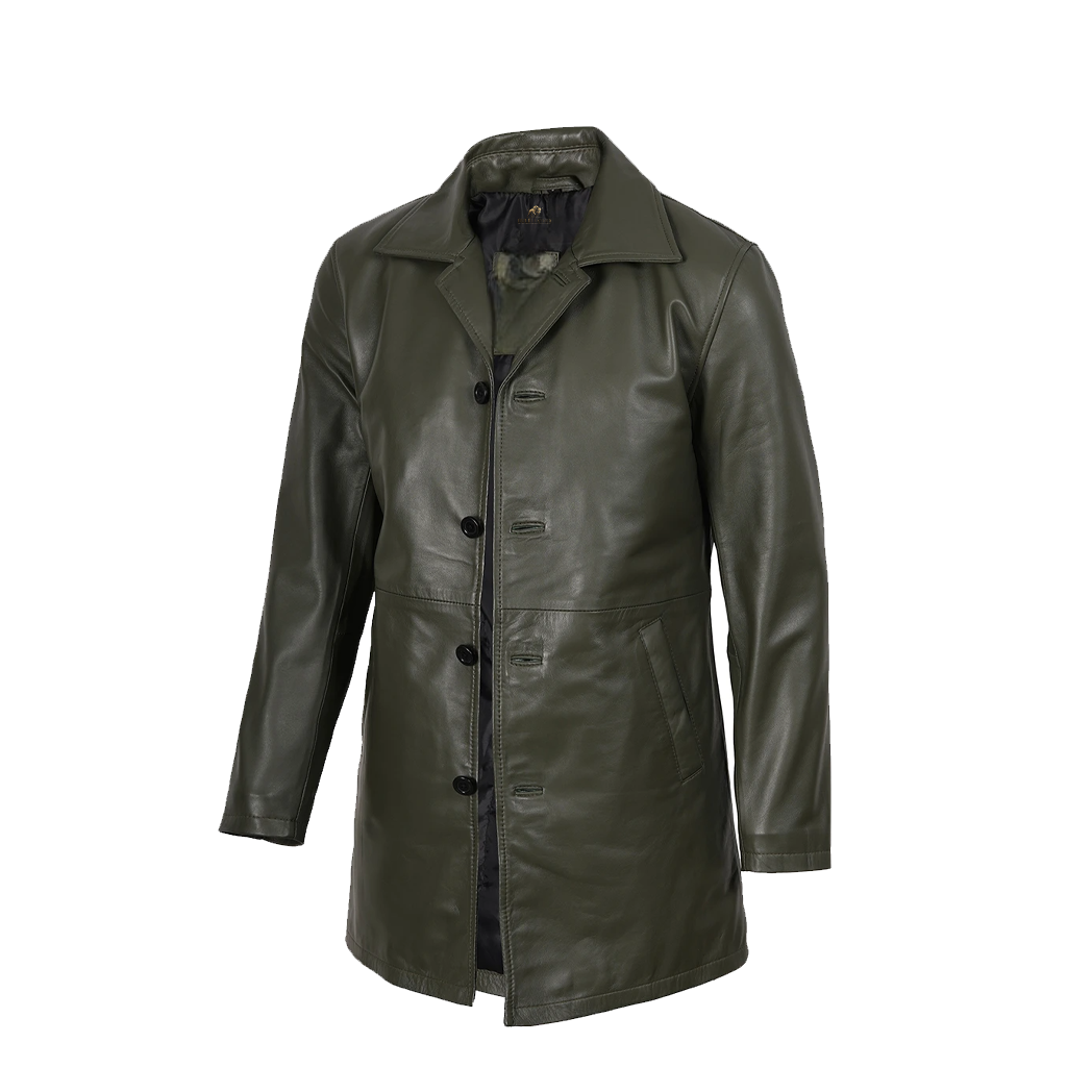 Men’s Olive Green 3/4 Length Leather Car Coat