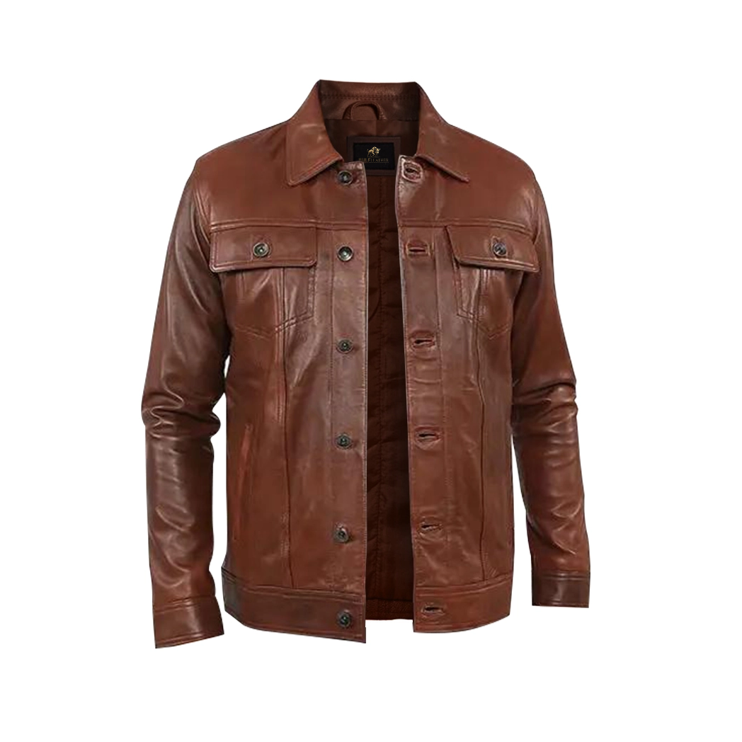 Mens Brown Shiny Stylish Collar Style Leather Jacket