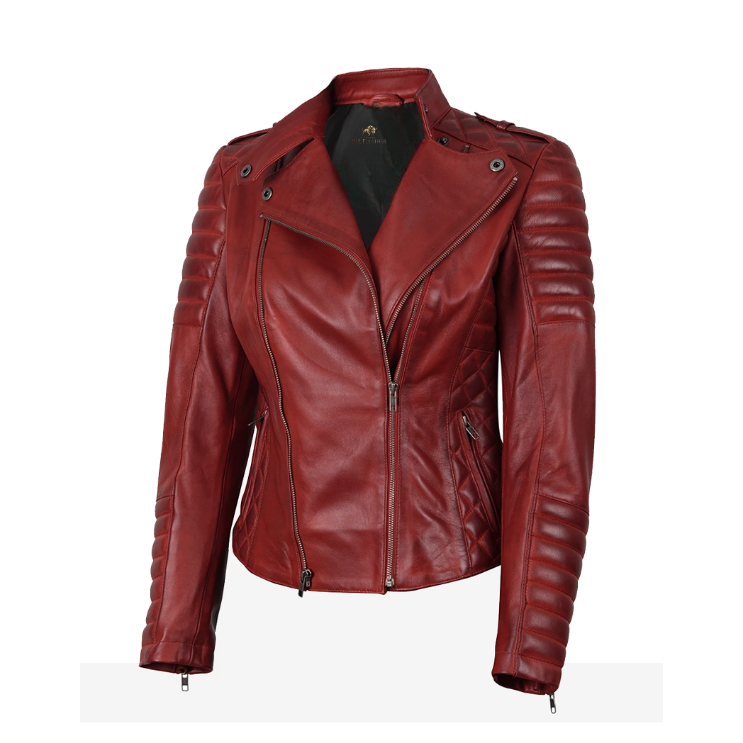 Women’s Red Asymmetrical Padded Leather Biker Style Jacket