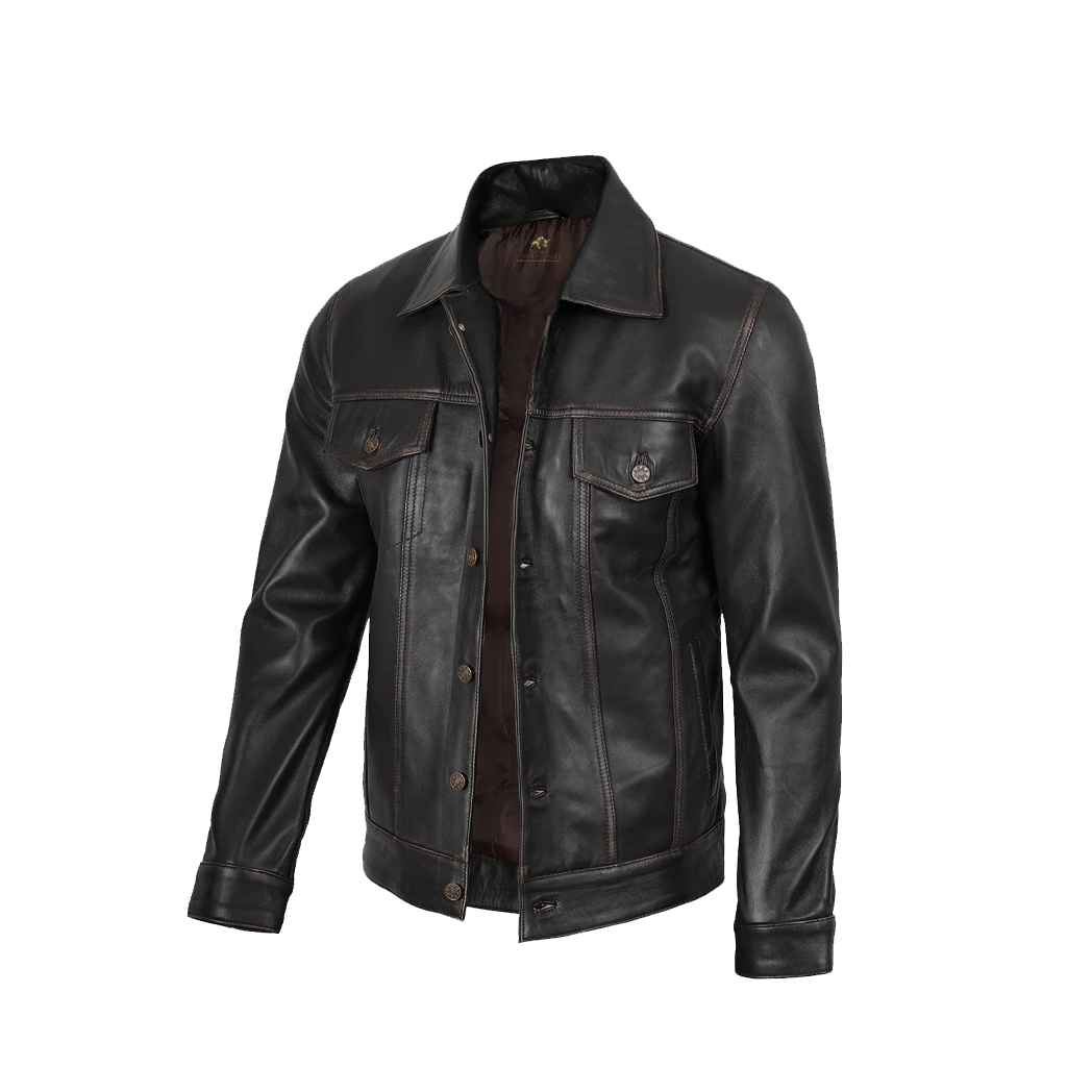 Men’s Distressed Brown Leather Trucker Jacket