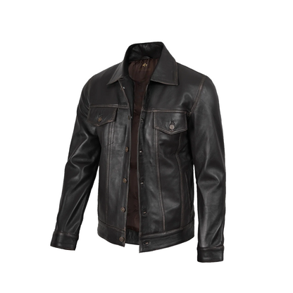 Men’s Distressed Brown Leather Trucker Jacket