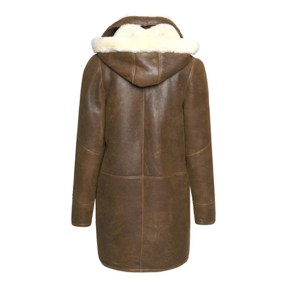 Women’s Hood Brown Sheepskin Leather Coat