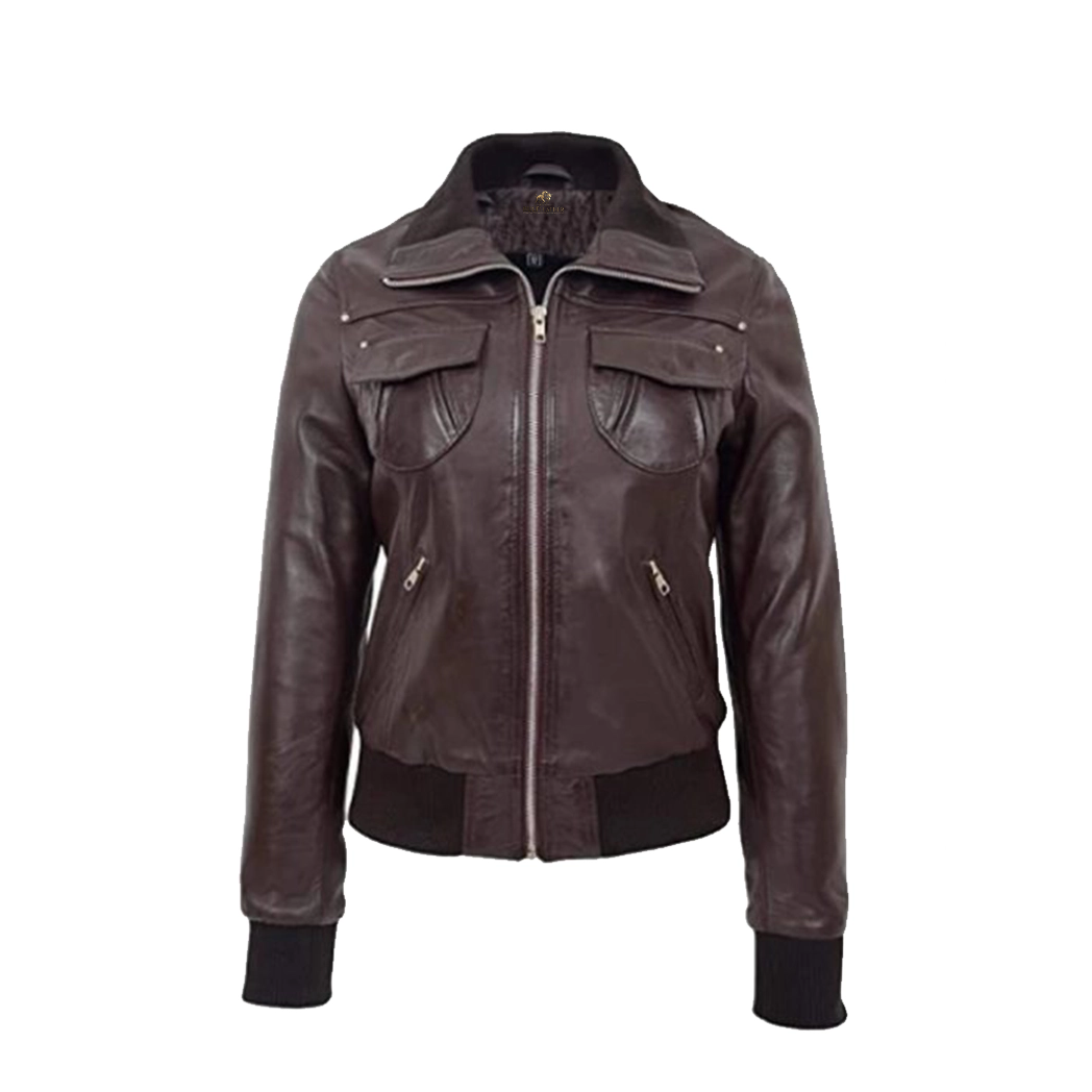 Women’s Brown Leather Bomber Jacket