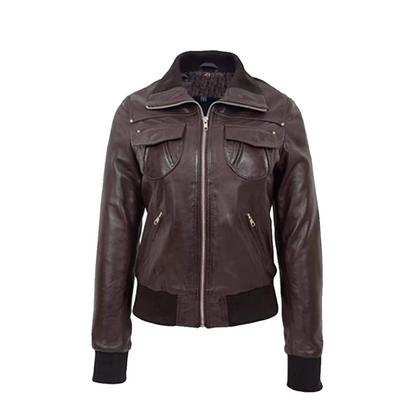 Women’s Brown Leather Bomber Jacket