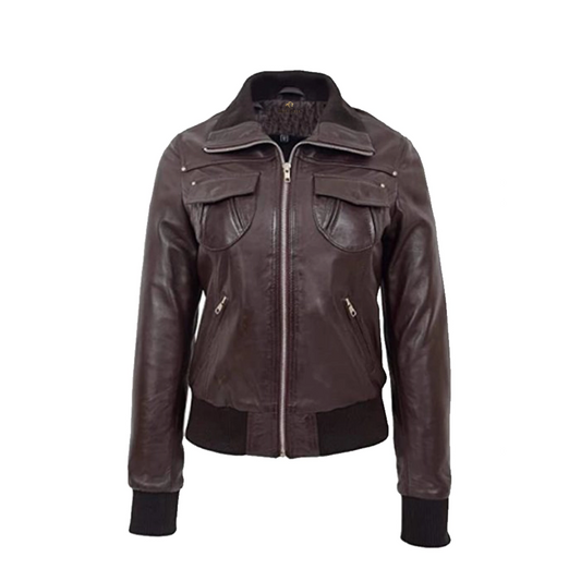 Women’s Brown Leather Bomber Jacket