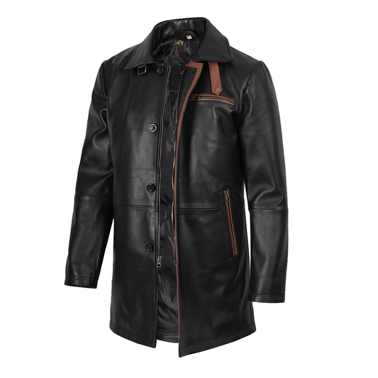 Men’s Real Leather 3/4 Length Black Coat With Brown Detailing