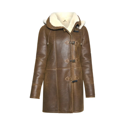 Women’s Hood Brown Sheepskin Leather Coat
