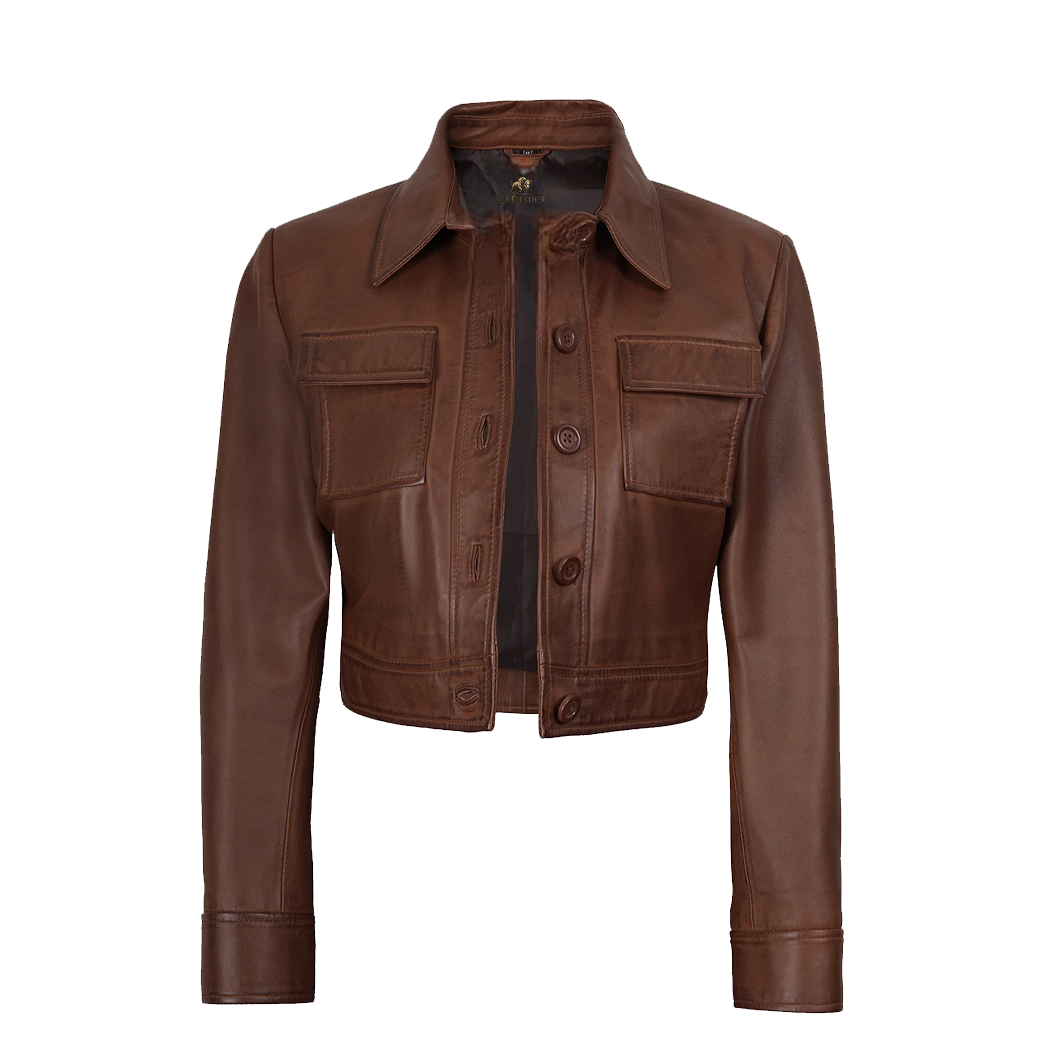 Womens Real leather Cropped Brown Trucker Jacket