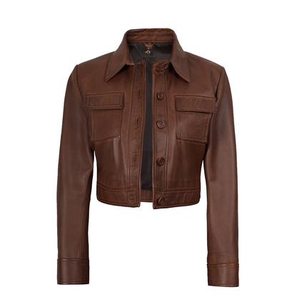 Womens Real leather Cropped Brown Trucker Jacket